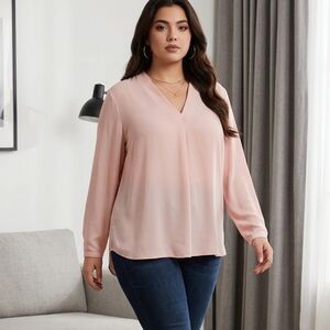 attention Blush Pink V-Neck Long Sleeve Blouse. Plus 2x